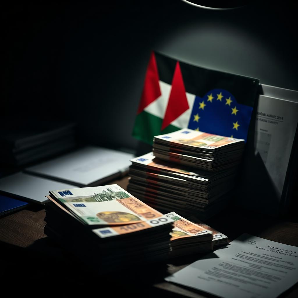 Stapels euro's naast een EU-vlag en Palestijnse documenten in gedempt licht