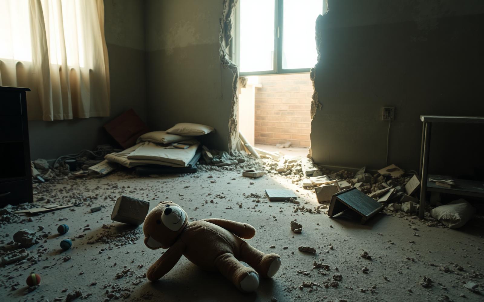 Verwoeste Israëlische kinderkamer na een raketinslag, met puin, een knuffelbeer op de vloer en zacht ochtendlicht door een gat in de muur